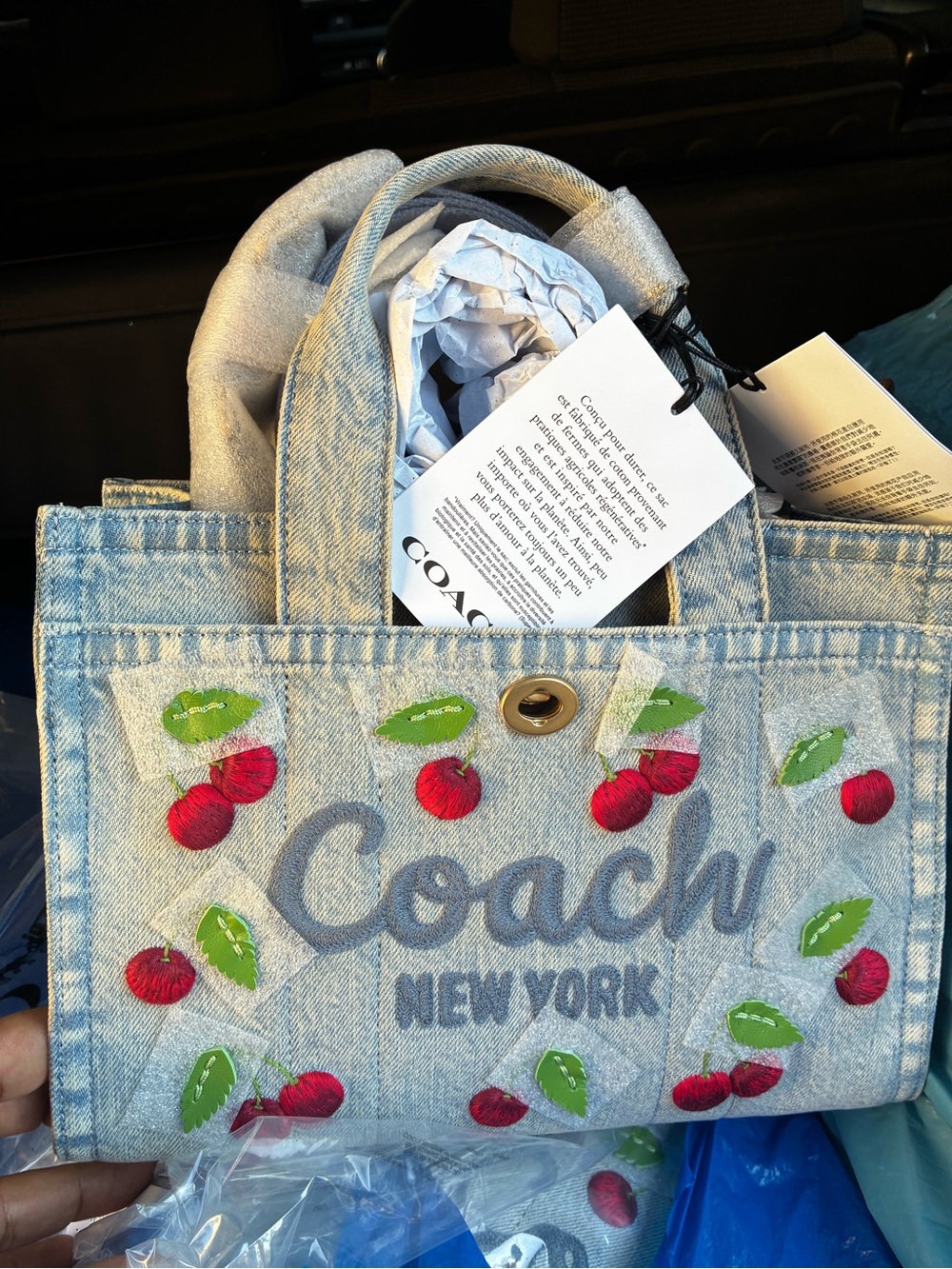 Coach Cargo Tote Bag 26 in Cherry Embroidery | Brass/Denim | Crossbody - Picture 11 of 11